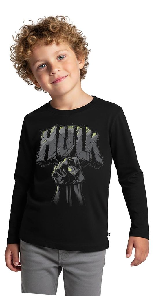 Spreadshirt Avengers Hulk Mit Faust Kinder Premium Langarmshirt, 110/116 (4 Jahre), Schwarz