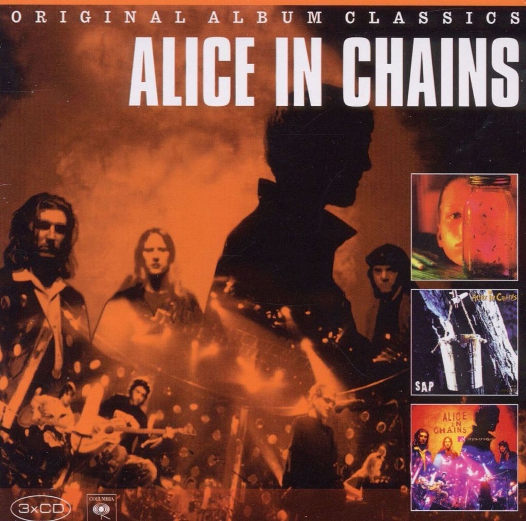 A collage of images related to the band Alice In Chains, featuring band members and album art.