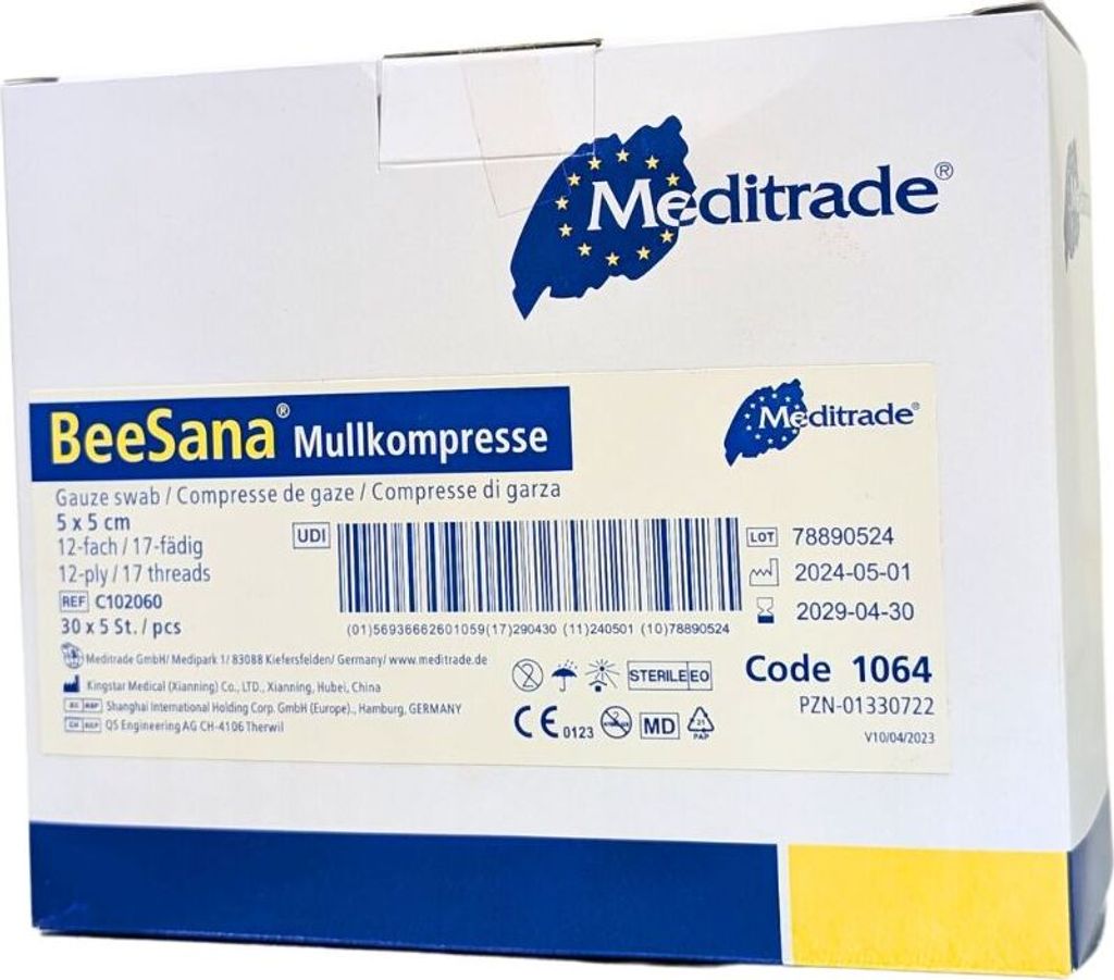 Meditrade BeeSana Mullkompresse, ohne RöKo, steril, 12-fach, 5 x 5 cm | Packung (150 Stück)