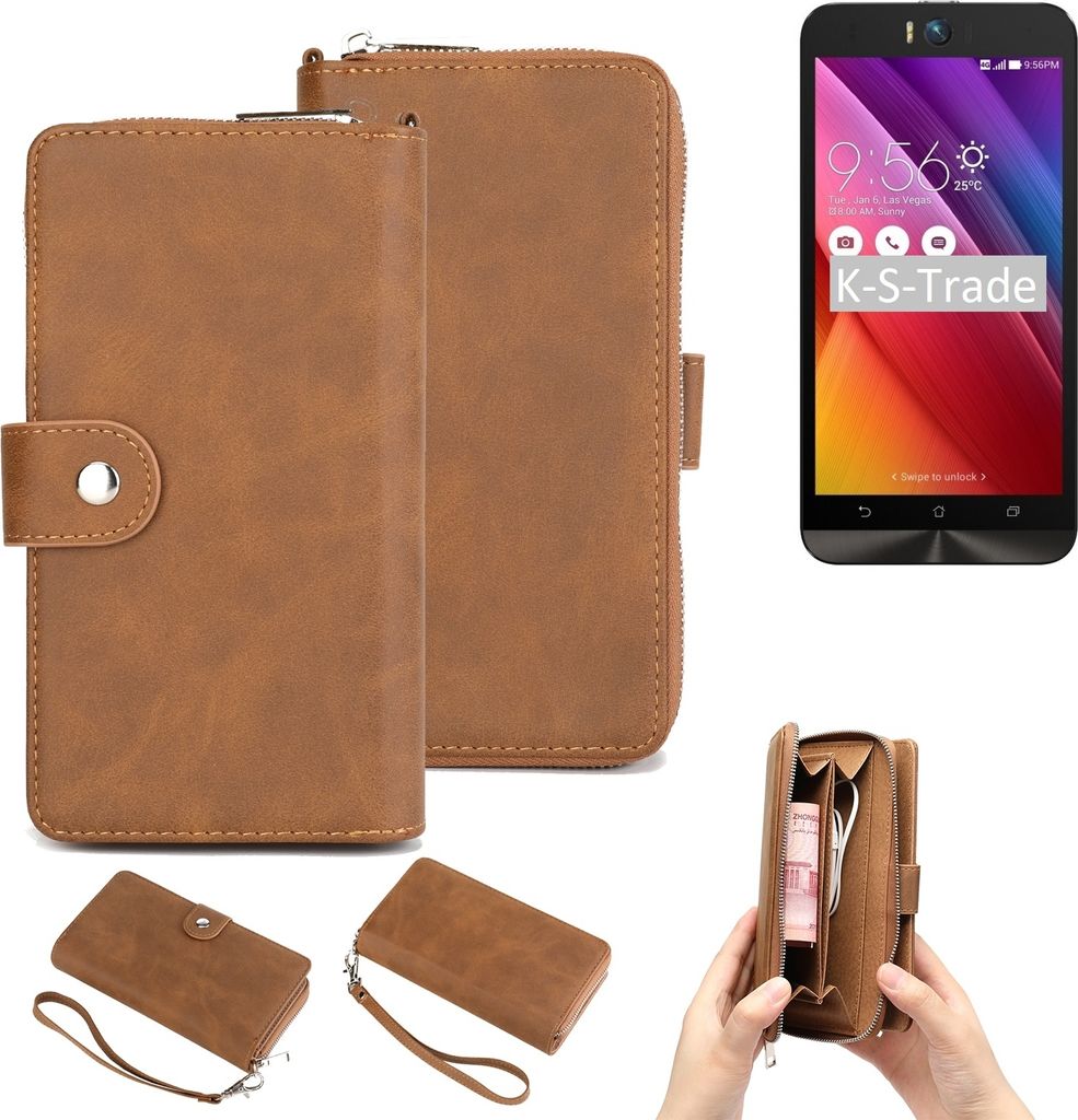 K-S-Trade Handyhülle Schutzhülle kompatibel mit Asus ZenFone Selfie & Portemonnee Tasche Handytasche Case Etui Geldbörse Wallet braun (1x)