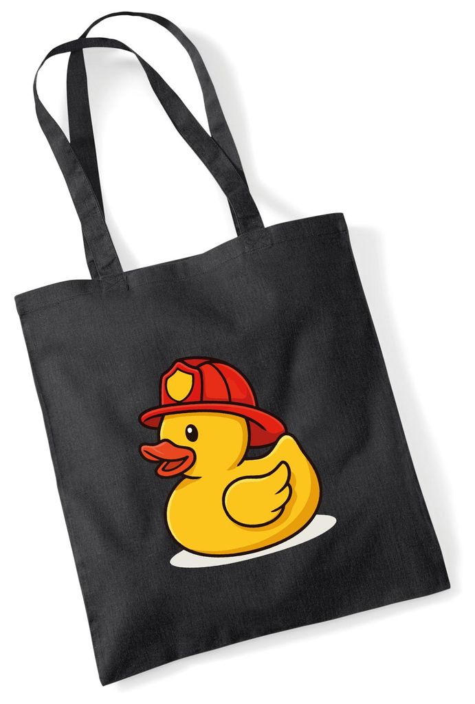 Huuraa Jutebeutel Quietscheente Feuerwehr Comic Gummiente 10 Liter Black Baumwolle Tasche Geschenkidee