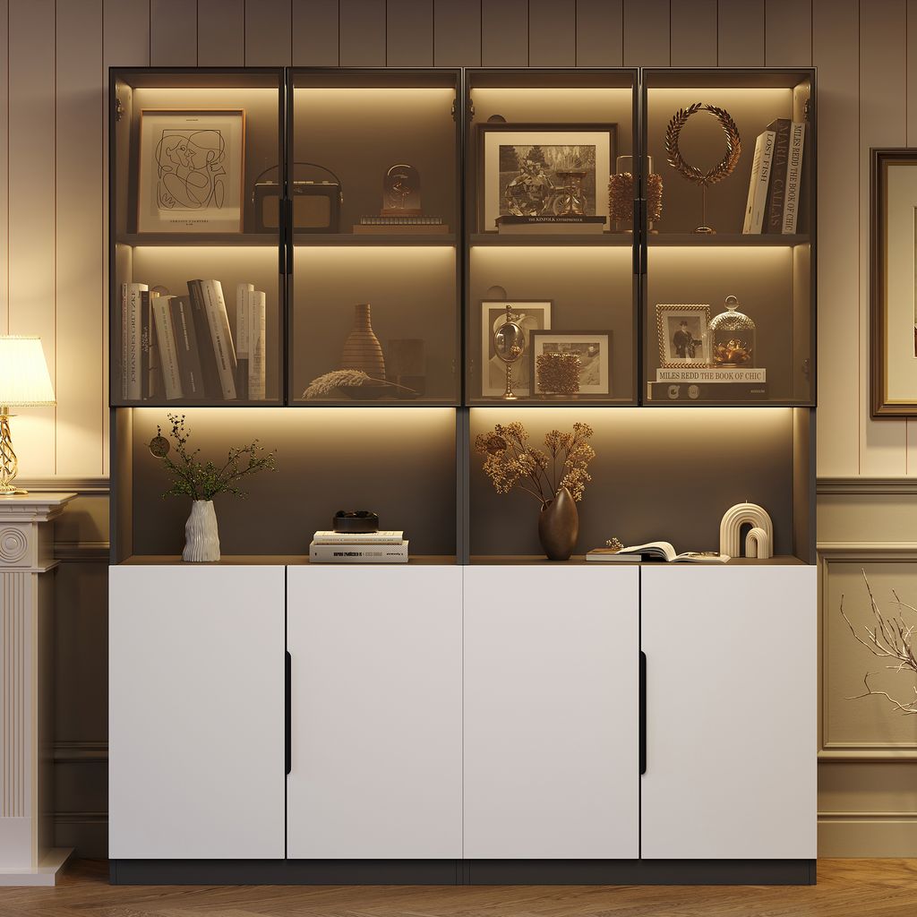STILVORA Vitrine Highboard Buffetschrank mit LED-Leuchten,Bücherregal Beistellschrank mit Glastüren,Sideboard mit schwarzer Dekoration