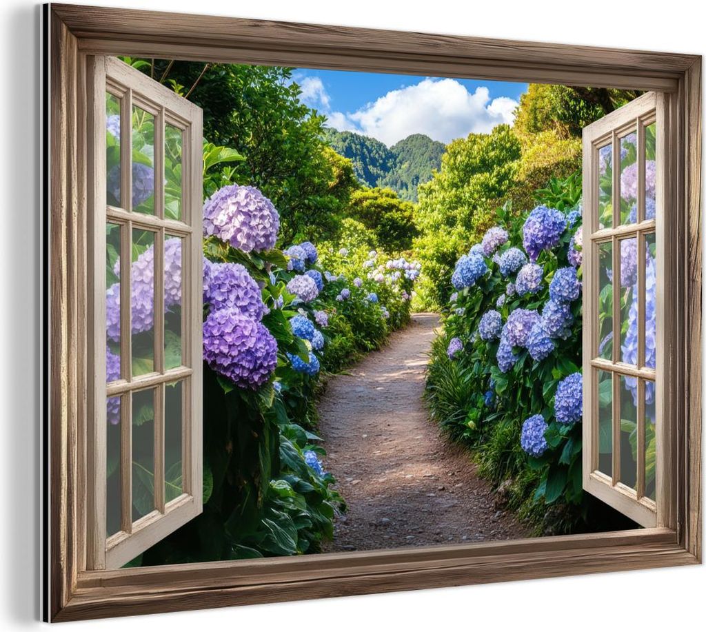 MuchoWow Wanddekoration Metall Metallbild Wandkunst 90x60 cm Durchblick - Hortensie - Weg - Natur MuchoWow Aluminium Gemälde - Wandbilder