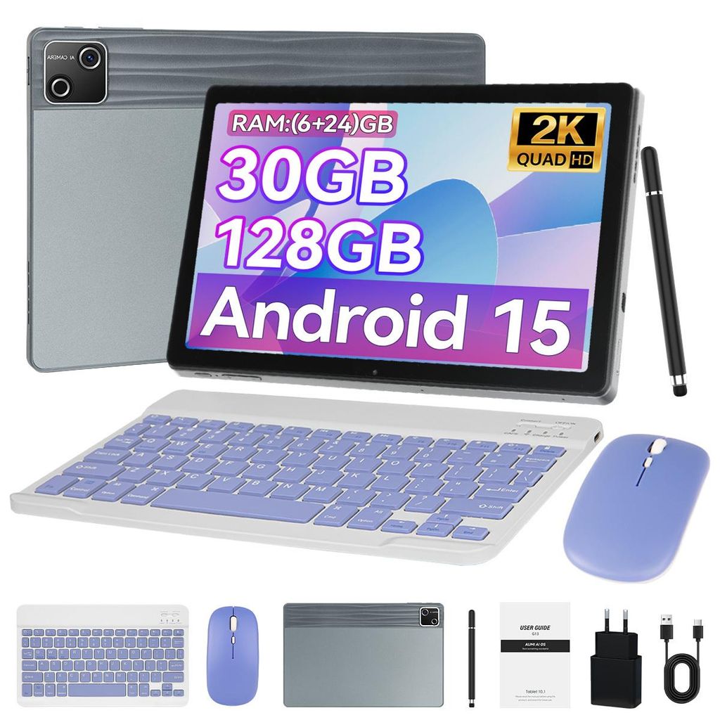 Tablet 10 Zoll Android 15, 30 GB (6+24 erweiterbar)GB + 128 GB 1TB erweiterbar, WiFi 6, Dual-Box-Lautsprecher, mit Tastatur, Maus, Stylus, Grau