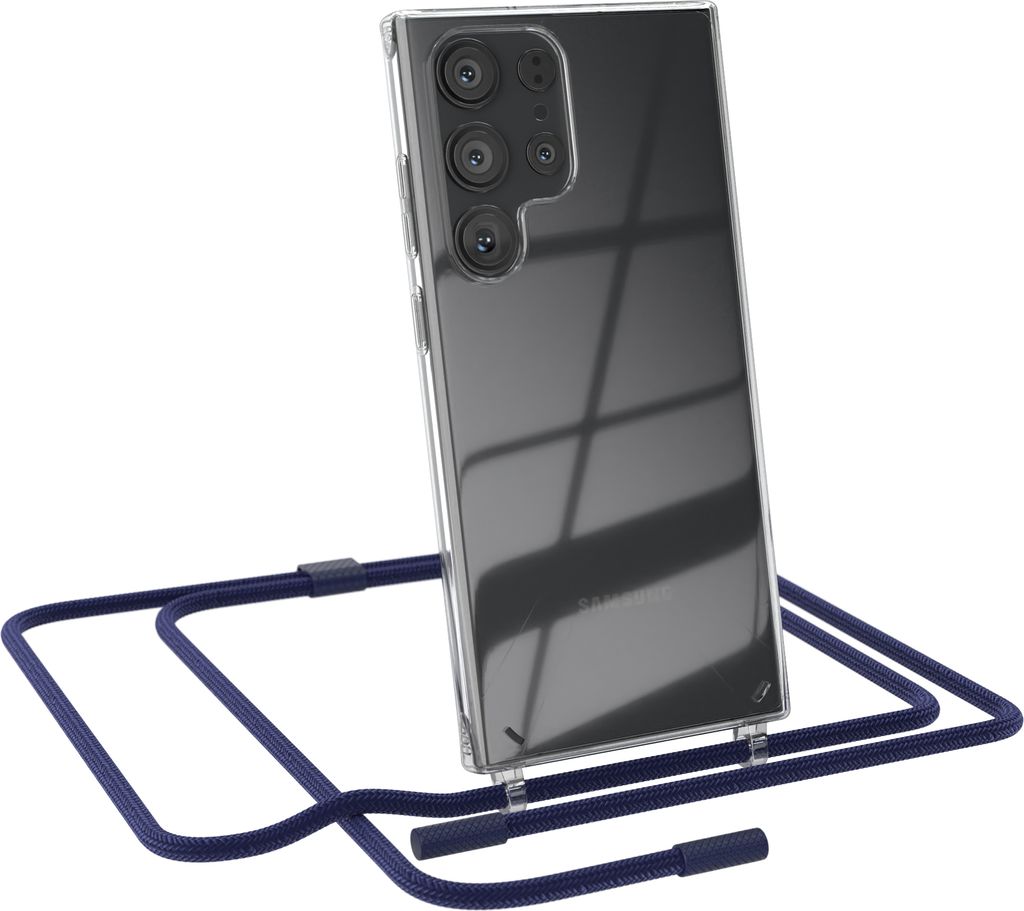 EAZY CASE Handykette für Samsung Galaxy S23 Ultra, Clear Case aus Silikon, mit Umhängeband, abnehmbare Endstücke, Handyband in Blau