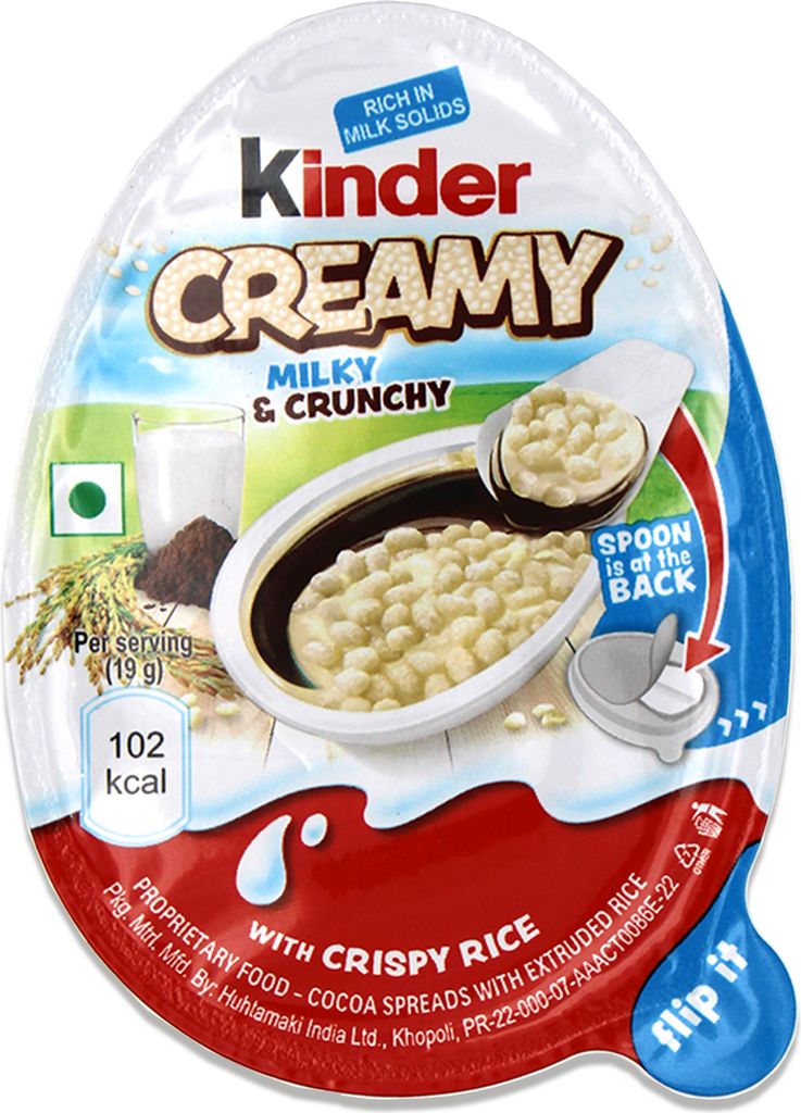 The image shows the packaging of Kinder Creamy, Milky & Crunchy, with a close-up of the product inside.