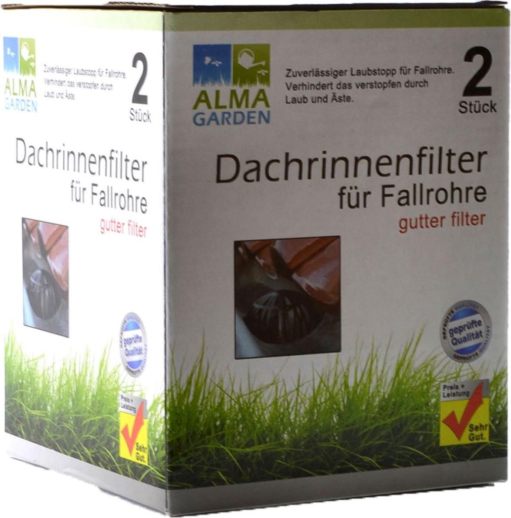 A cardboard box containing two gutter filters, with grass imagery at the bottom.