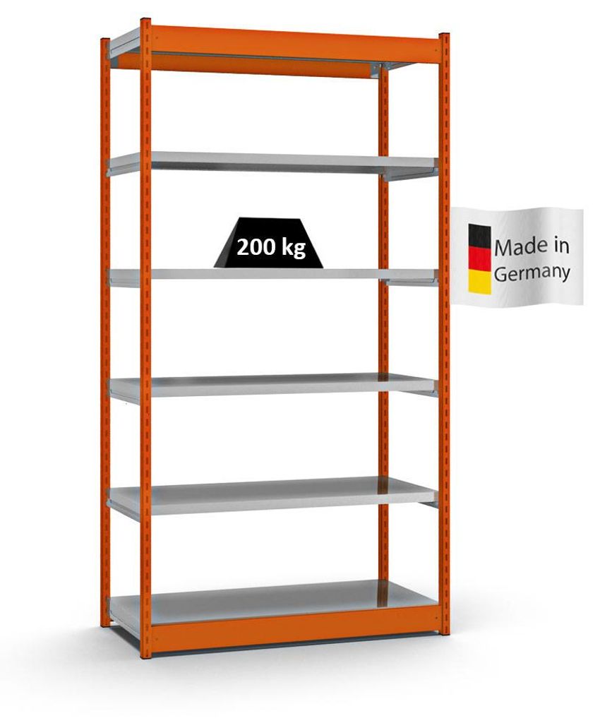 PROREGAL Fachbodenregal Stecksystem Vierkant-Profil MAGNUS Germany | HxBxT 250x132,5x50cm | 6 Ebenen | Fachlast 200kg | Orange/Verzinkt