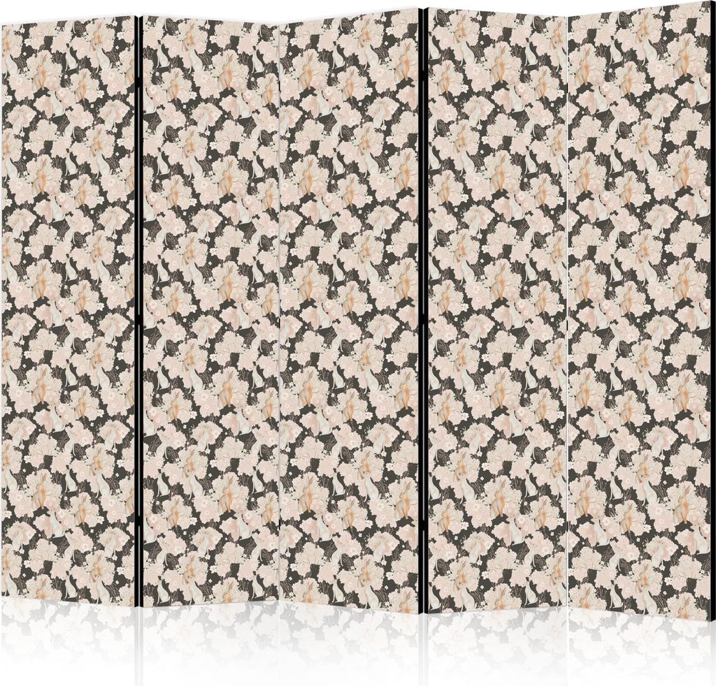 5-teiliger Doppelseitiger Vlies Paravent - Among Pink Shrubs - White and Beige Rabbits on a Blooming Meadow 225x172 cm g-B-10068-z-b