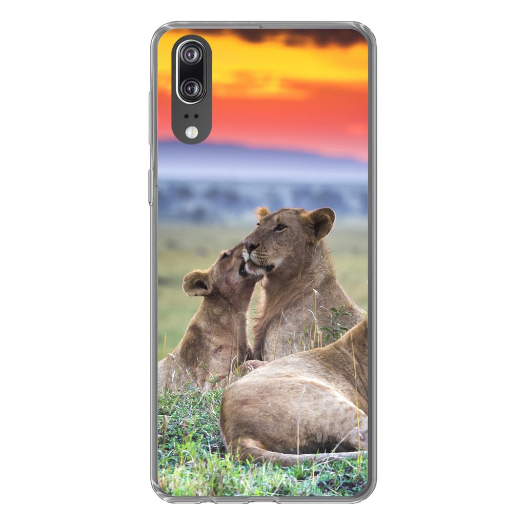 MuchoWow Handyhülle Schutzhülle Hülle für Huawei P20 Löwen bei Sonnenaufgang Silikon Softcase Handy Hülle - Hardcover