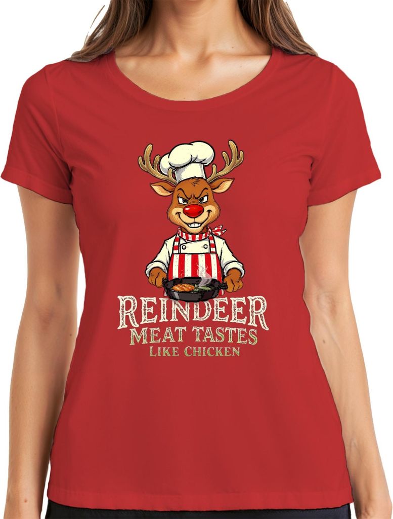 Reindeer Meat Tastes Like Chicken Rentier Koch Schürze lustig Damen T-Shirt, Rot, S