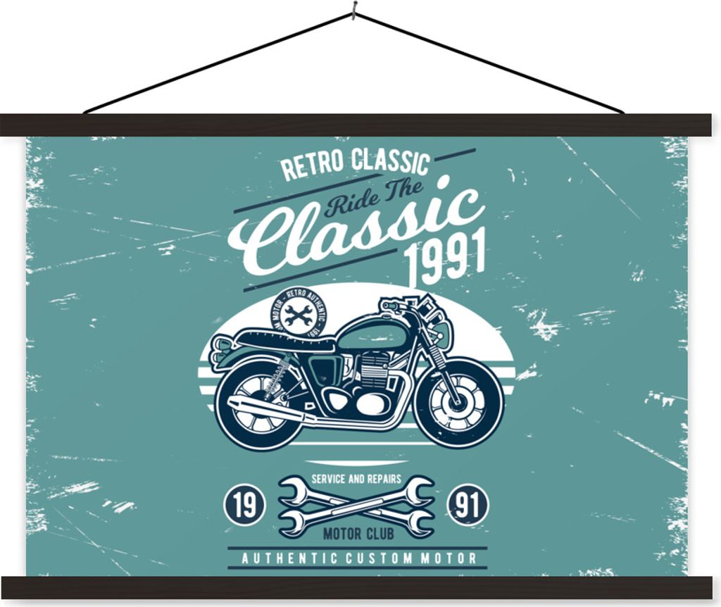 MuchoWow Textilposter Motorrad - Werkzeuge - Retro 90x60 cm mit schwarzem Rahmen - Aufhängungssatz
