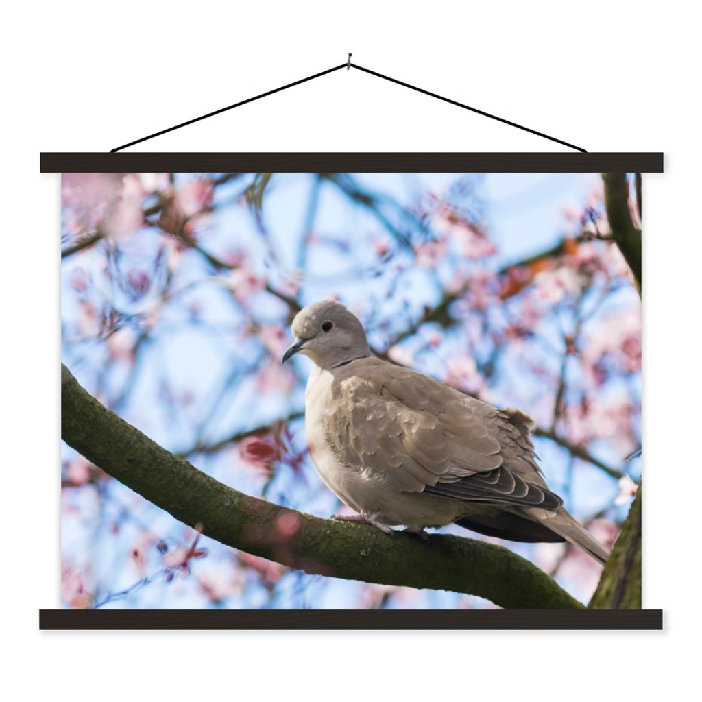MuchoWow Textilposter Vogel - Blumen - Taube - Blütenzweige - Rosa 150x113 cm mit holzfarbenen Rahmen - Poster