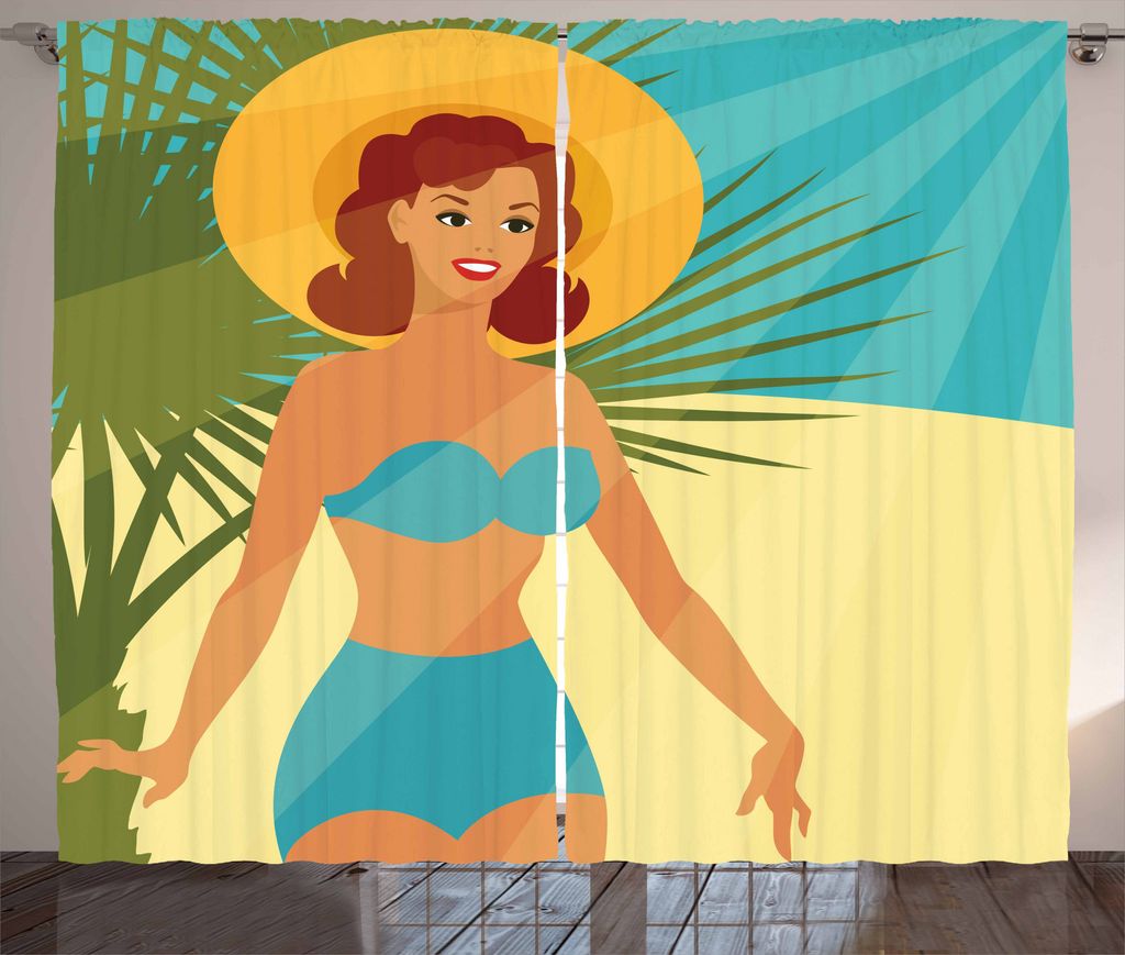 ABAKUHAUS Pin up Girl Rustikaler Gardine, Stil der 1950er Jahre Bikini, Schlafzimmer Kräuselband Vorhang mit Schlaufen und Haken, 280 x 175 cm, Me...