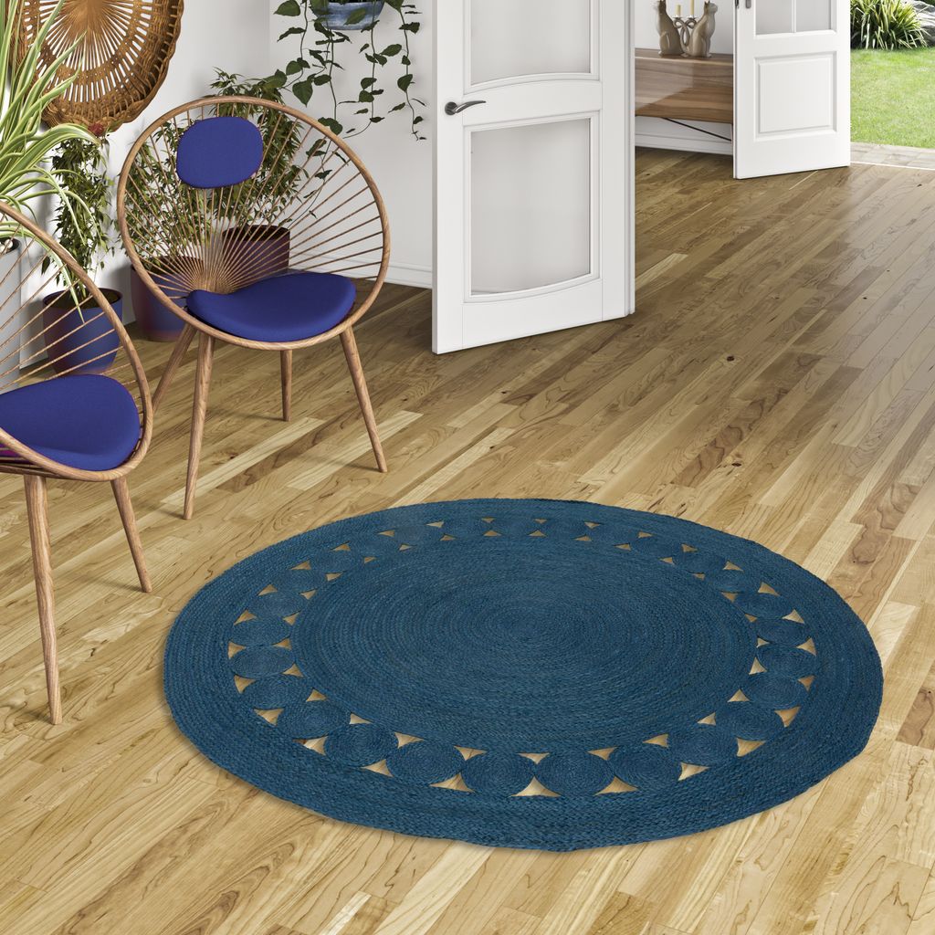 Naturfaser Teppich Handgefertigt Jute Salsa Modern Dunkelblau Rund, Größe:160 cm Rund