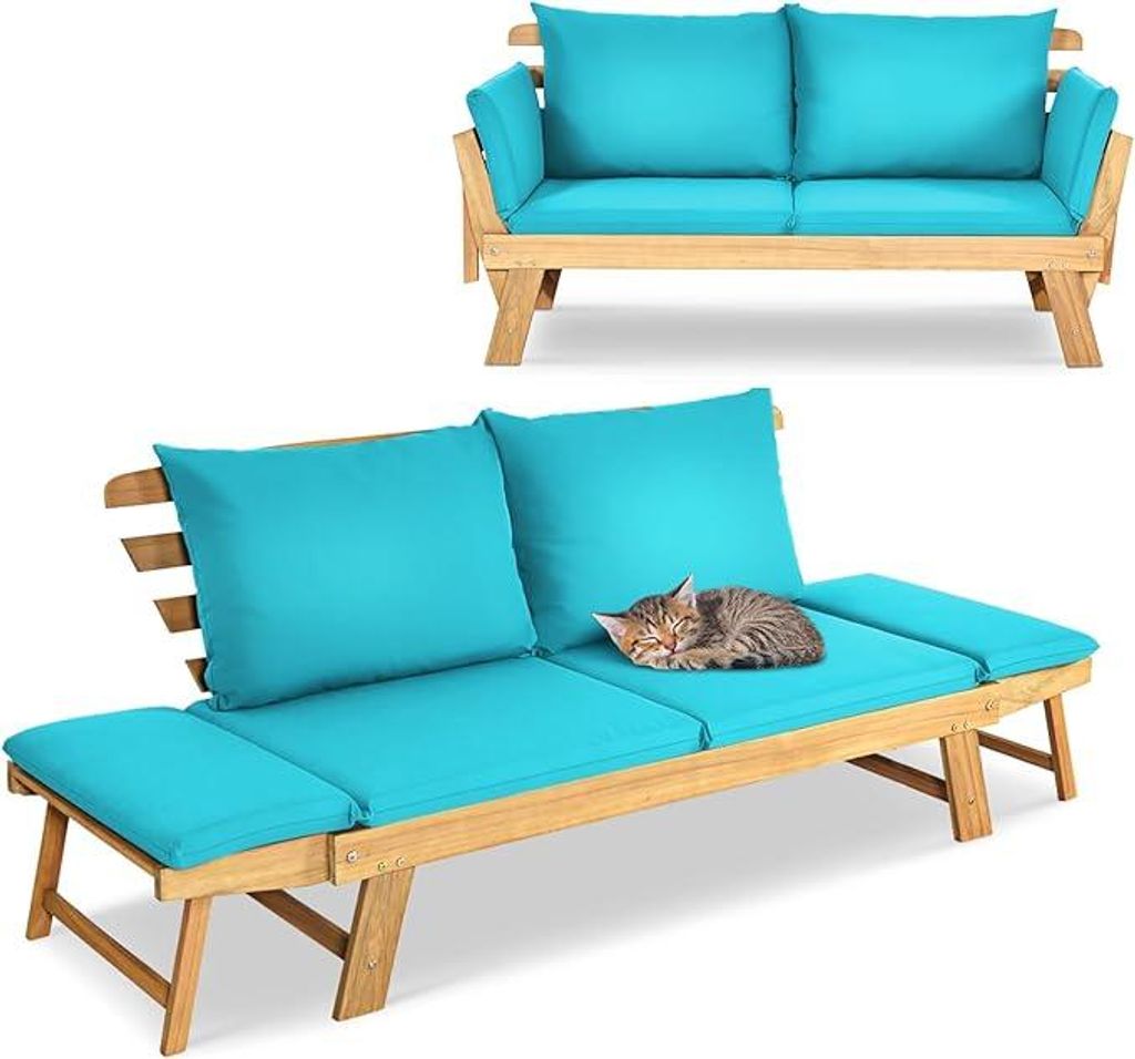 Liegesofa mit klappbaren Seitenlehnen, Gartenbank Sitzbank mit Auflagen, Sonnenliege Gartenliege aus Akazienholz, Türkis