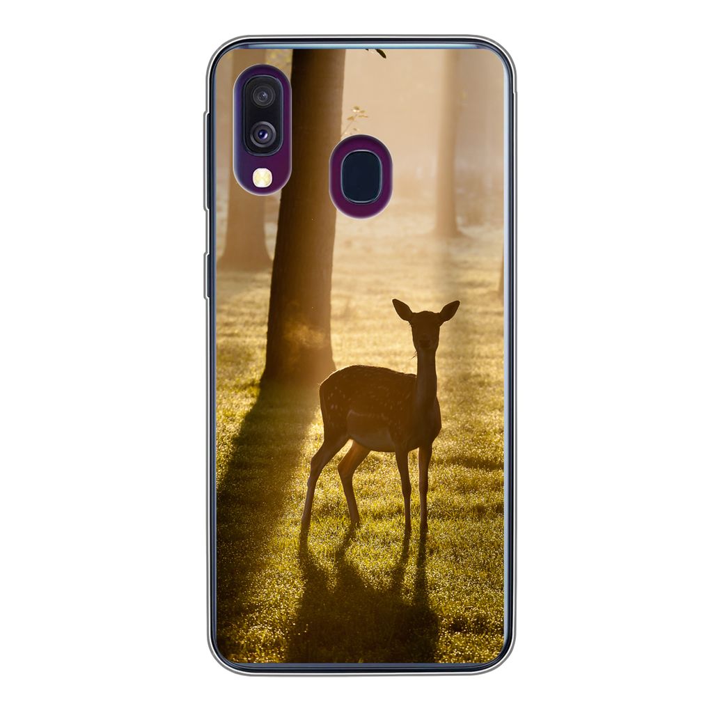 MuchoWow Handyhülle Schutzhülle Hülle für Samsung Galaxy A40 Hirsche - Sonne - Bäume Silikon Softcase Handy Hülle - Handy-Tasche