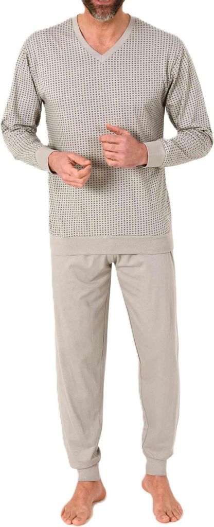 Normann Herren langarm Schlafanzug mit Bündchen Pyjama in edler Minimal Print Optik ; grau , 56