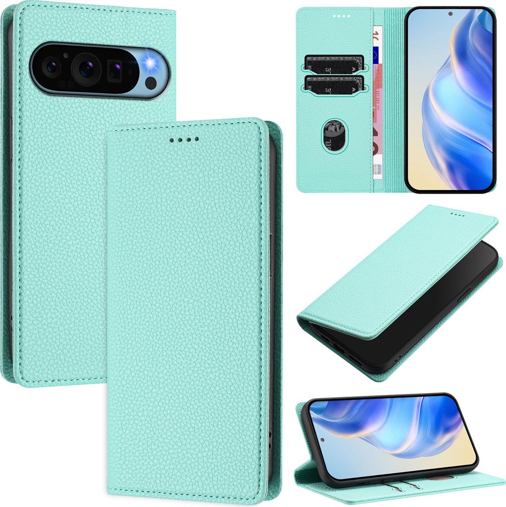 Litchi Leder Handyhülle für Google Pixel 10 / Pixel 10 Pro Wallet Kartenfächer Standfunktion Hülle Türkis