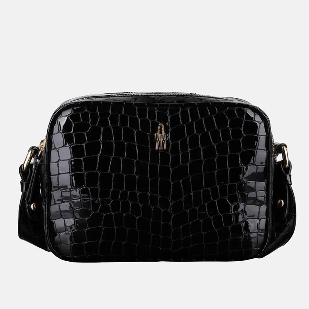 Sac bandoulière CORA effet crocodile noir verni avec rabat design