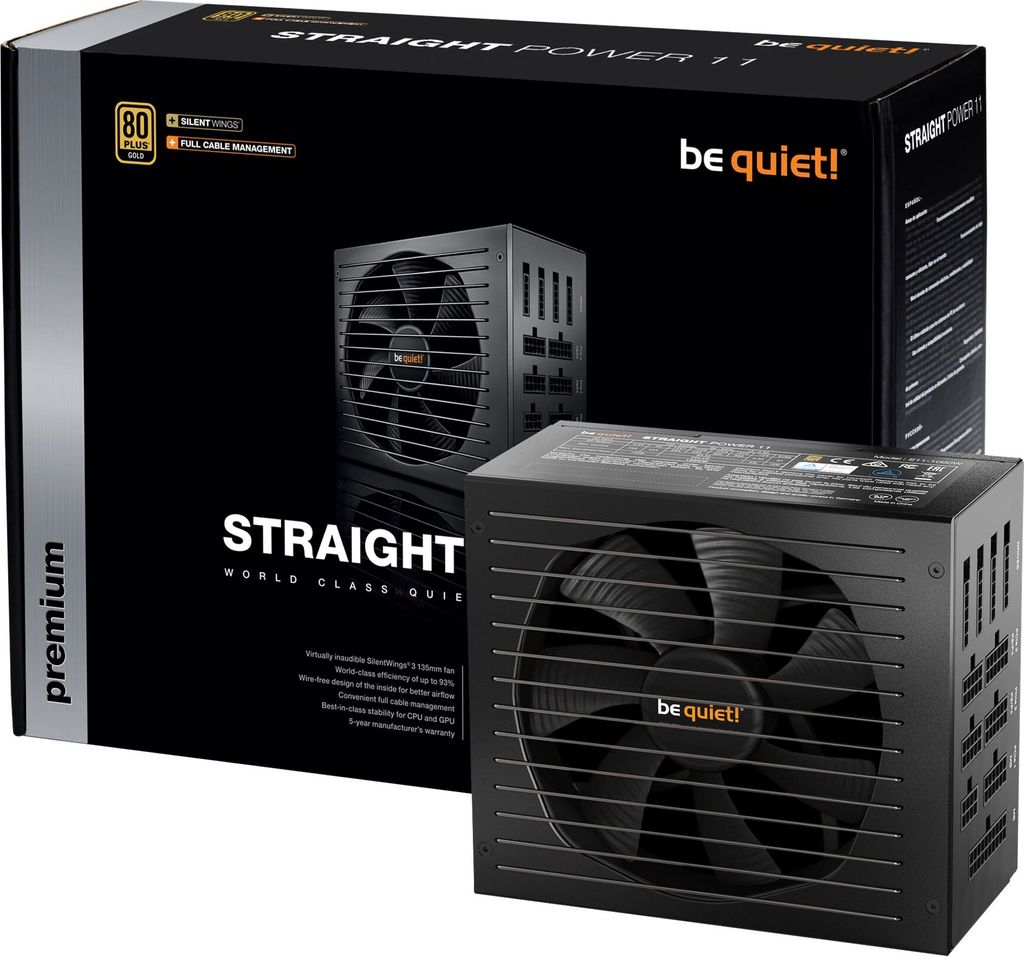 A product box and the power supply unit it contains, presented together.
