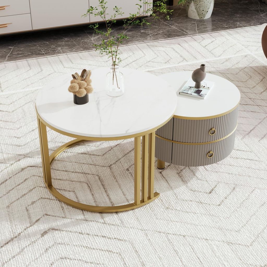Runder 2-in-1-Couchtisch aus MDF, Beistelltisch mit weißer Marmorplatte, 2 Schubladen, Grau