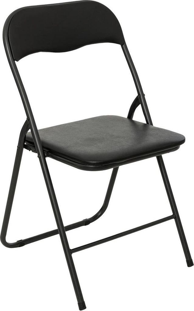 A black folding chair is shown against a white background.