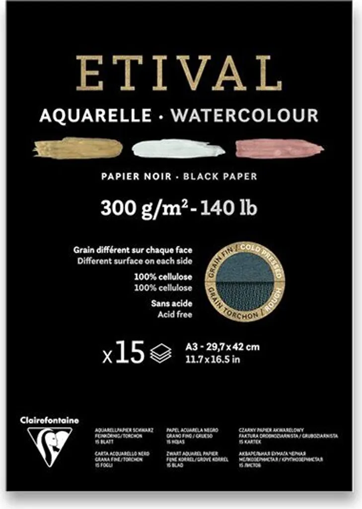 Cahier Aquarelle Noir A3 pour Gouache et Encres Métalliques Etival 300g