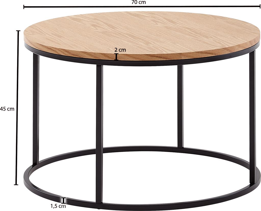 FineBuy Couchtisch rund 70 cm aus MDF Holz & Metall Skandinavisches Eiche Design – moderner Wohnzimmertisch Metallgestell, Beistelltisch Wohnzimmer