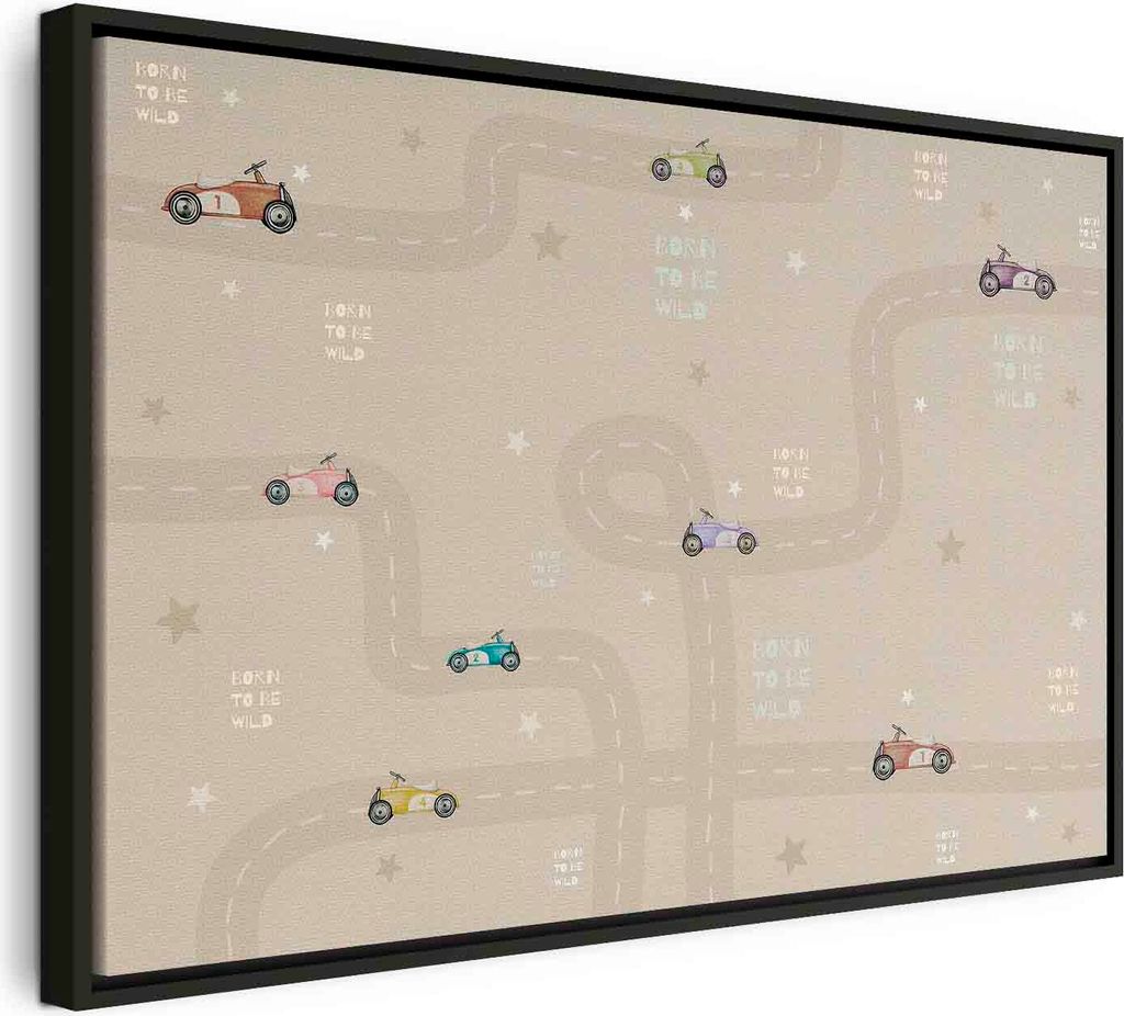 Italienischer Leinwand Leinwandbild - Race - Colorful Cars on a Road on a Beige Background with Inscriptions 90x60 cm Für Kinder e-C-10067-b-a