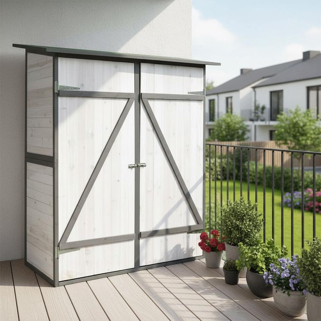 A white and gray wooden garden shed with double doors is shown on a wooden deck, with potted plants in front and houses in the background.