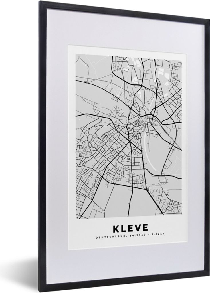 MuchoWow Gerahmtes Poster Deutschland - Kleve - Karte - Stadtplan - Wegbeschreibung 40x60 cm - Poster mit Schwarzem Bilderrahmen Wandposter Rahme...