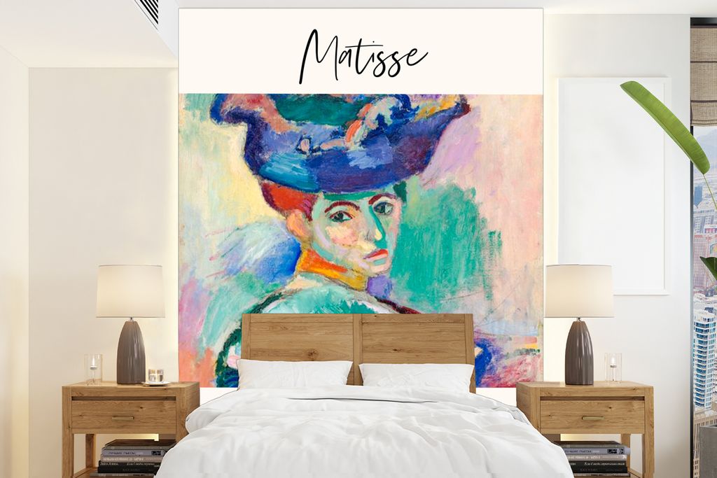 MuchoWow Fototapete für Wohnzimmer oder Schlafzimmer Wandtapete Vinyl Motivtapete Matisse - Kunst - Die Frau mit dem Hut - 165x220 cm - Wanddeko...