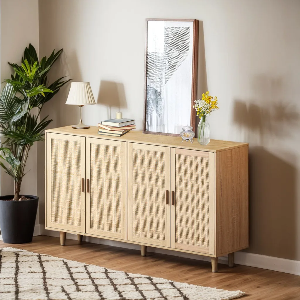Commode en rotin tressé naturel 4 portes buffet élégant pour votre séjour