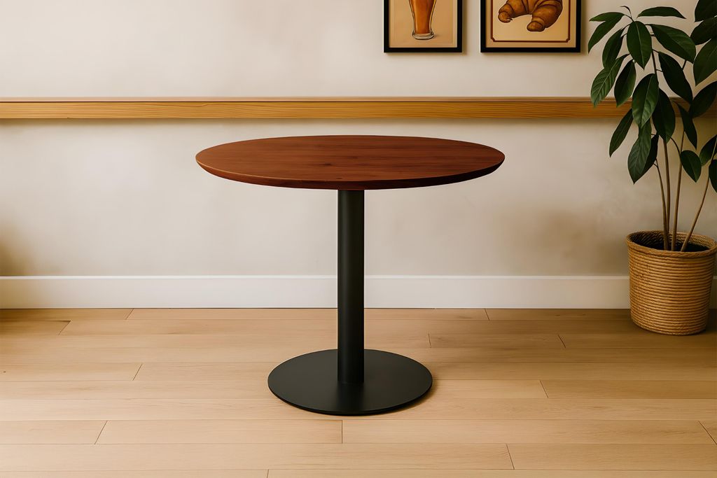Bistrotisch Schweizer Kante massiv 80 cm Akazie nussbaumfarben Säulengestell-rund schwarz BRASILIAN