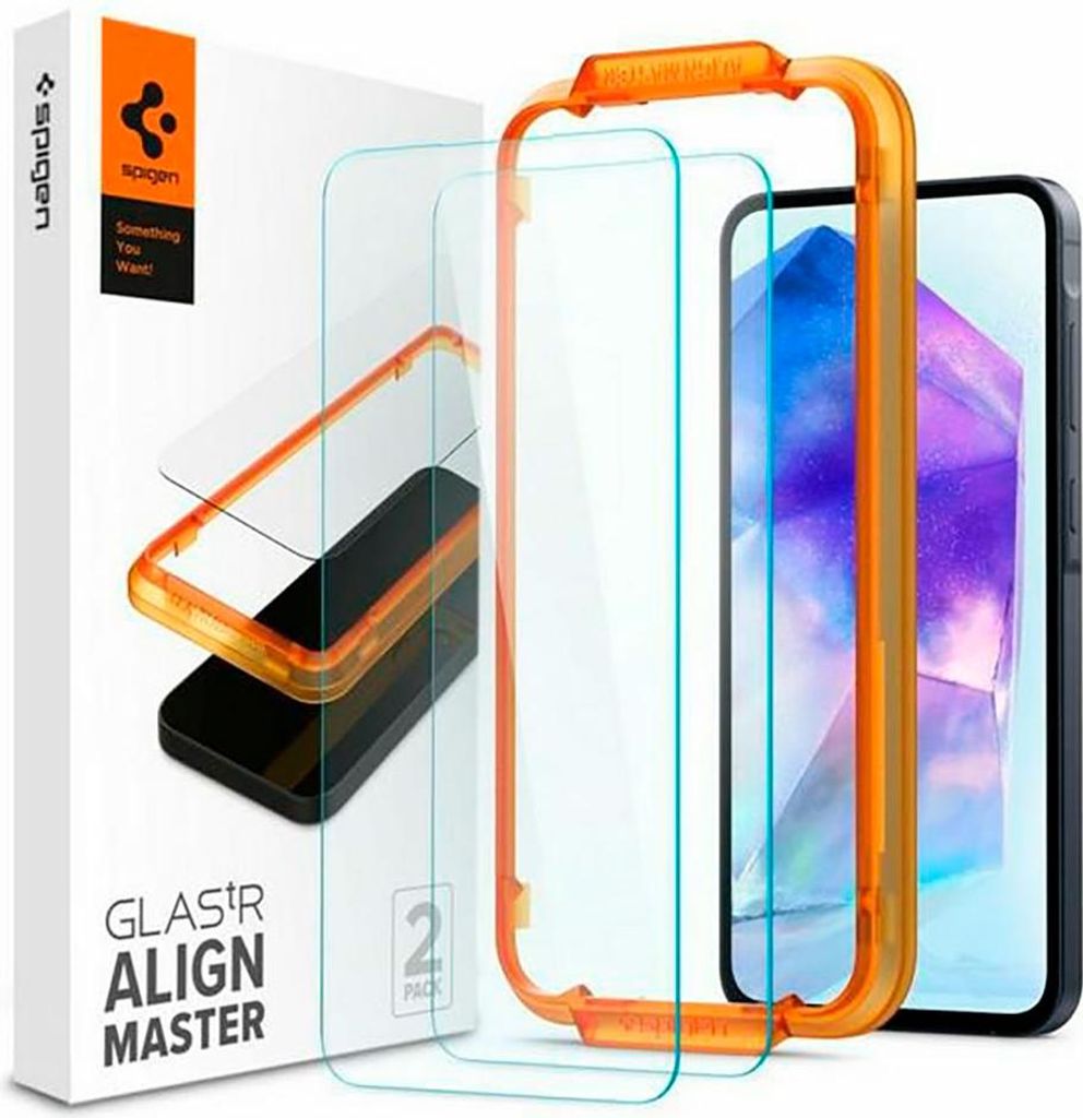 A product shot of Spigen screen protectors and an alignment tool, with packaging visible.