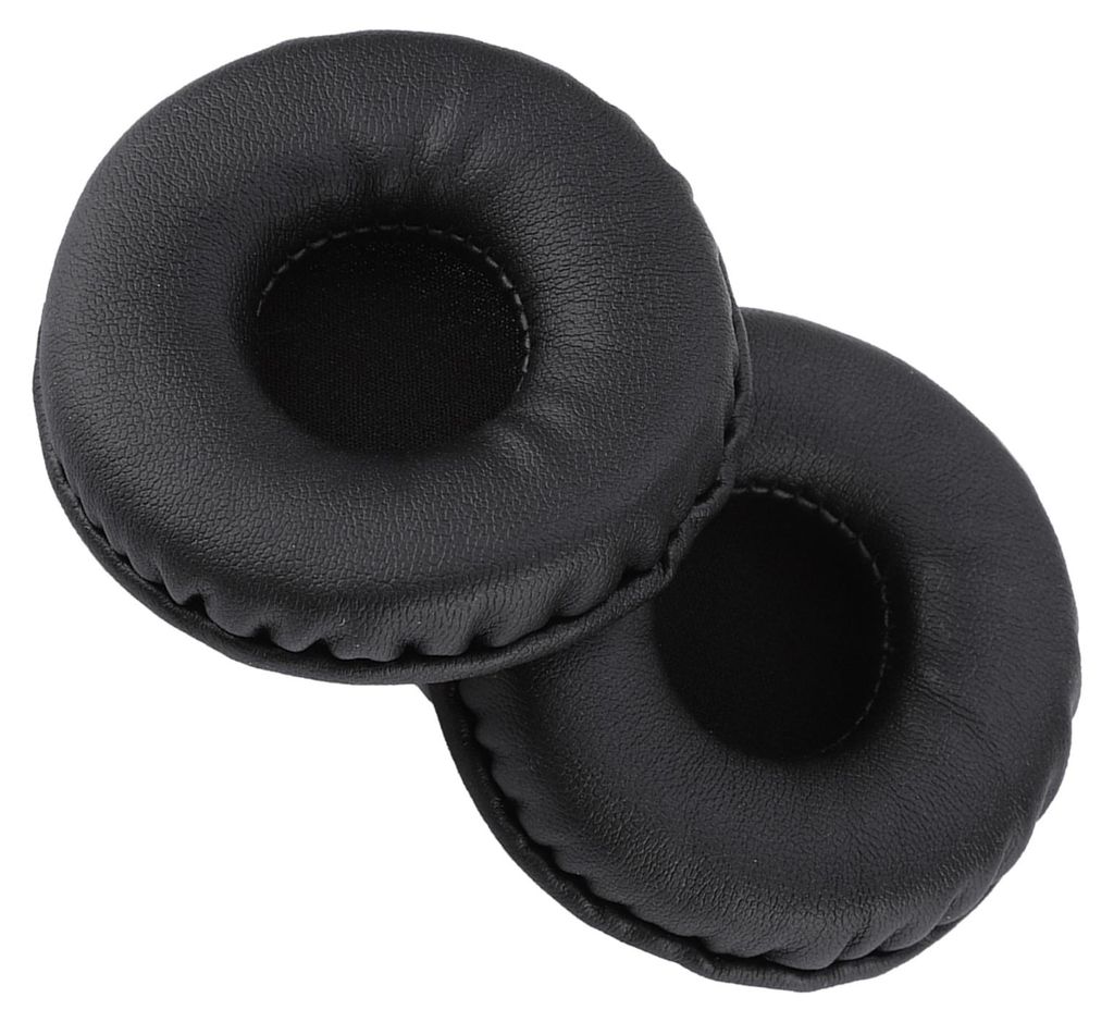 Two black, round ear pads for headphones are shown on a white background.