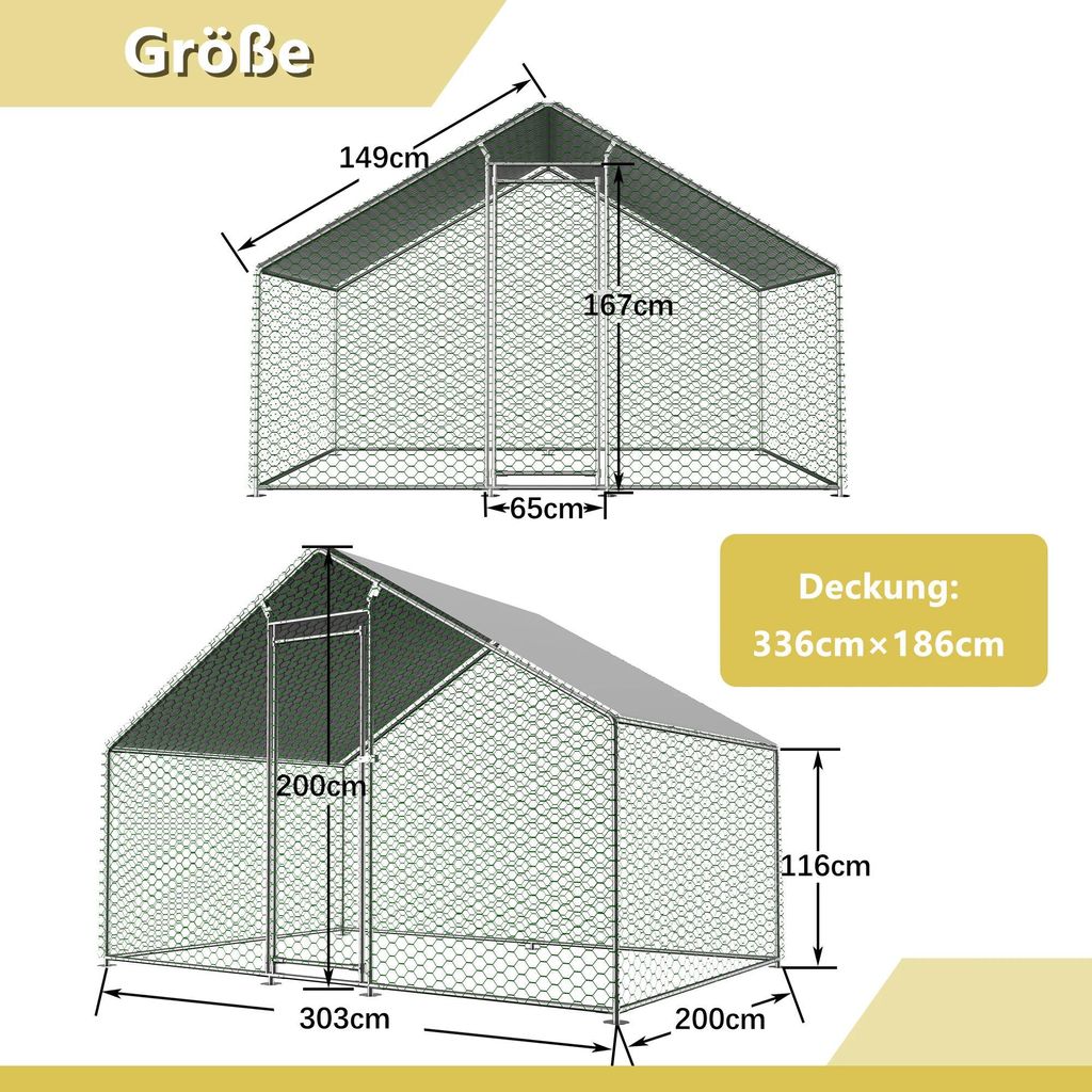 Hühnergehege Outdoor - Begehbarer Hühnerlaufstall - 3×2×2 m - Sicherheitsverschluss - Wasserdichte PE-Plane - Metallhaken - Für Hühner, Kanin...