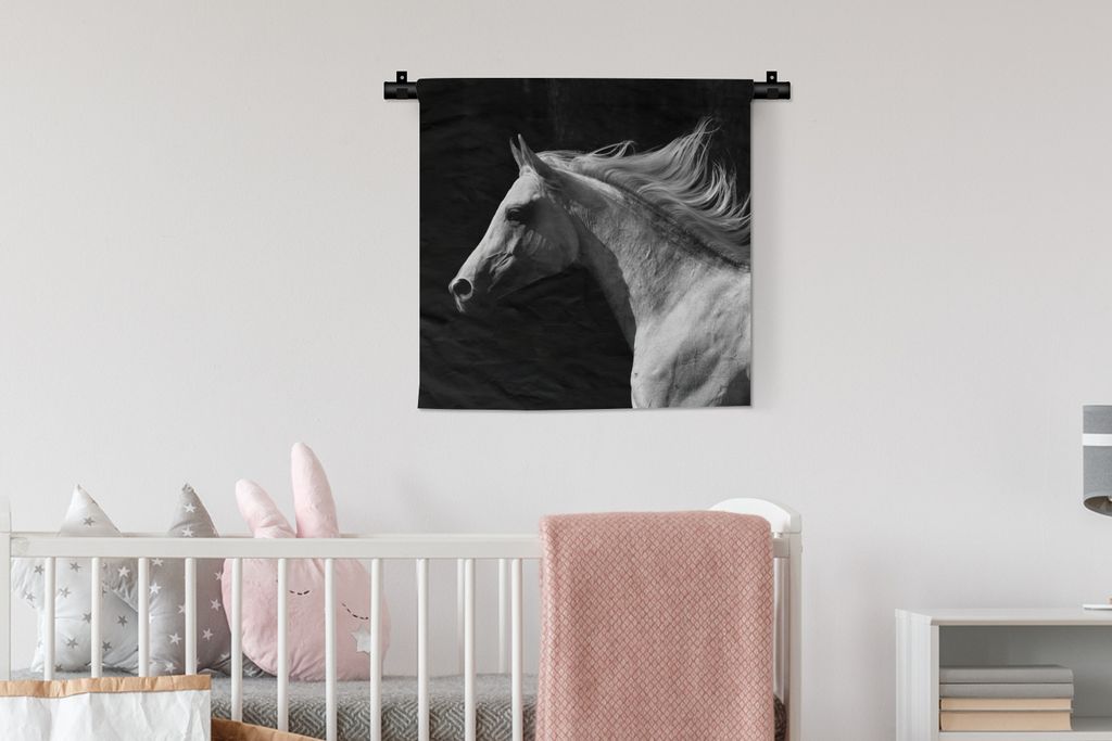 MuchoWow Wandteppich Wandbehang Pferd - Weiß - Schwarz 60x60 cm Tapisserie Dekoration Wandtuch - Dekorationen - Wand Decke