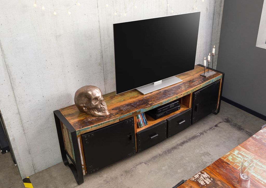 MASSIVMOEBEL24 TV-Board Altholz 178x43x55 mehrfarbig lackiert INDUSTRIAL #105