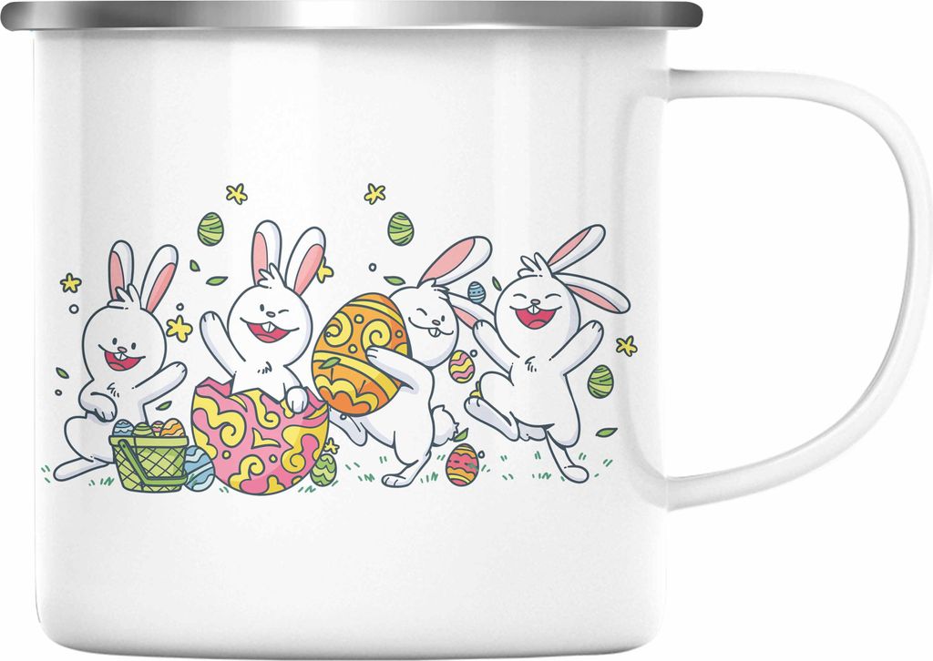 Trendation - Emaille Tasse Ostern Tanzen Ostergeschenke Kinder Jugendliche Geschenke Lustige Grafik Osterhase Ostereier (Silber)