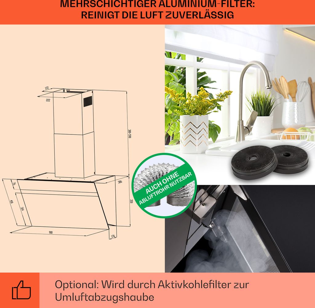 Klarstein Dunstabzugshaube 90 cm Umluft/Abluft, Produktbild 5