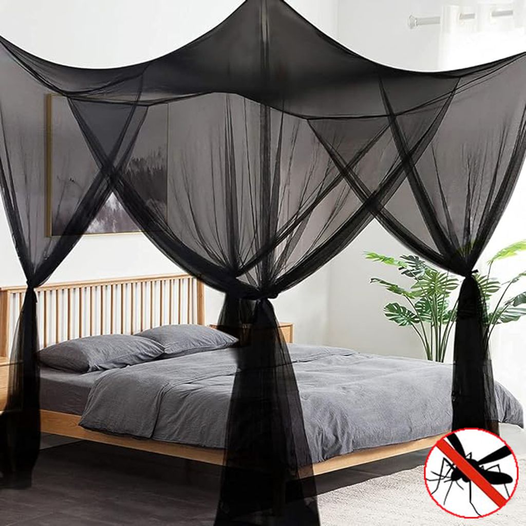 Moskitonetz Bett Doppelbett Innen Außen 4 Seitliche Öffnungen, Betthimmel-Aufhängeset Moskitoschutz 210x190x240cm, Schwarz