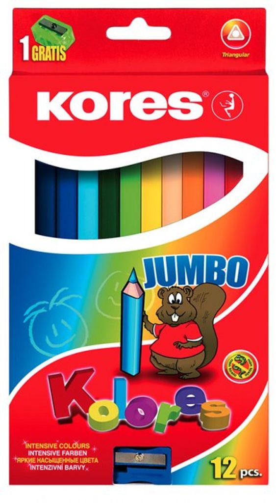 Kores Dreikant Buntstifte "JUMBO" 12er Karton Etui + GRATIS Spitzer