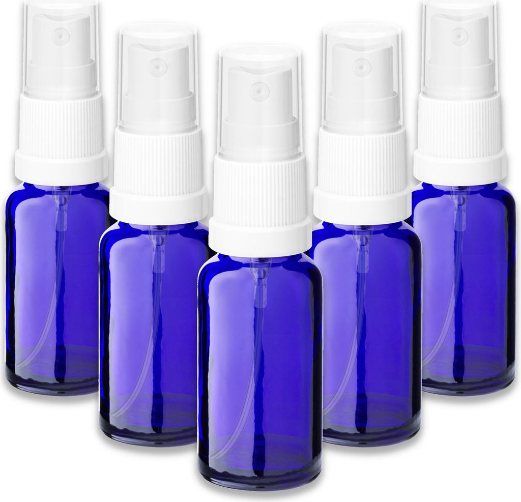5x Blaue Glasflasche 20 ml mit weißem Zerstäuber Sprükopf 18 mm leer