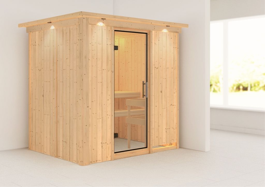 Karibu Sauna Innensauna Bodin Fronteinstieg ohne Zubehör 210x165x202 cm mit Dachkranz mit Klarglastür