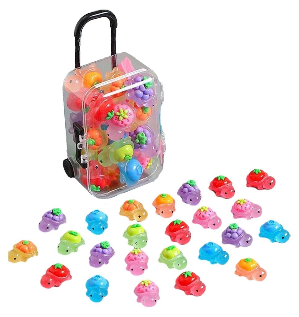 1 Set niedliche Schildkrötenminiaturen, 24 winzige Schildkröten im Obst- und Gemüsedesign in einer Mini-Kofferbox, im Dunkeln leuchtende Harzsch...
