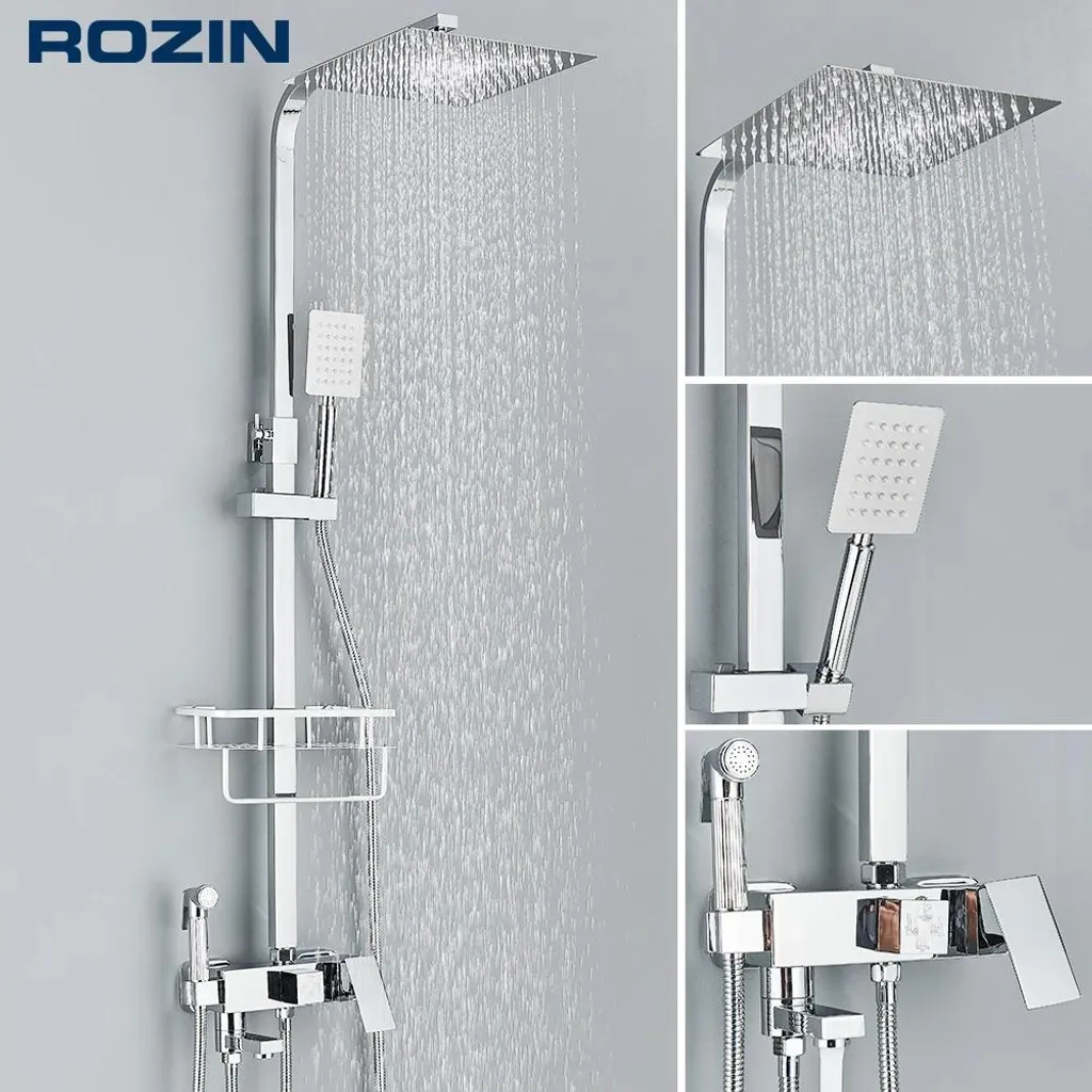Colonne de douche avec mitigeur bi-commande et pommeau inox bleu