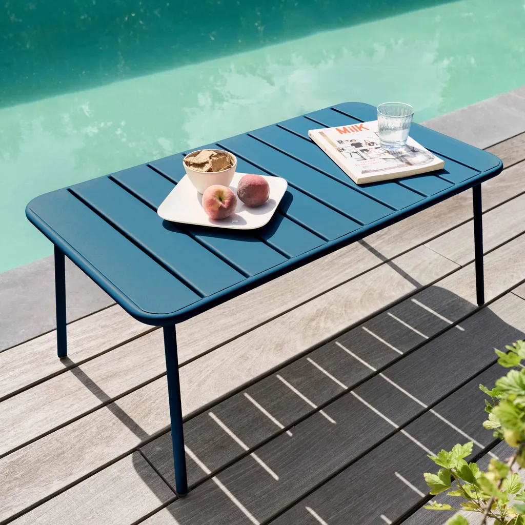 Table basse de jardin durable bleu pacific : acier résistant rouille