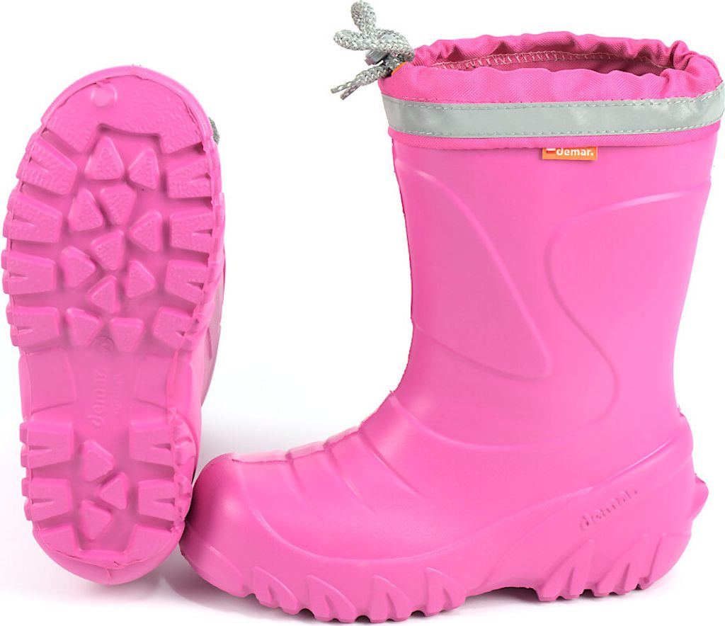 A pair of pink children's boots, one shown from the sole and the other from the side.